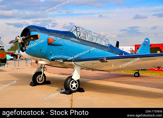 MOSCOW, RUSSIA - AUG 2015: trainer aircraft T-6 Texan presented at the 12th MAKS-2015 International Aviation and Space Show on August 28, 2015 in Moscow, Russia
