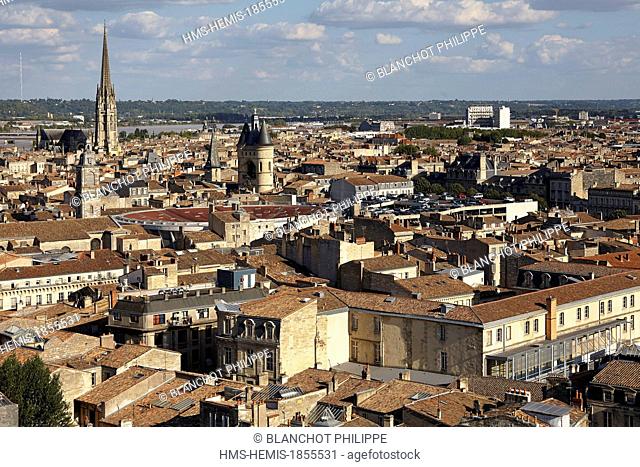 France, Gironde, Bordeaux, area listed as World Heritage by UNESCO, old town seen from the top of Pey Berland tower, Basilica of Saint Michael