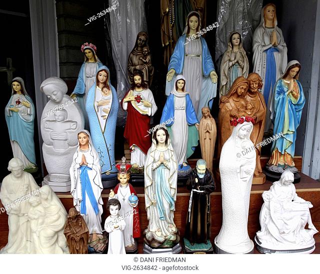 Religious Christian statues for sale at a small shop in Toronto's Cabbagetown. - TORONTO, ONTARIO, CANADA, 29/05/2011