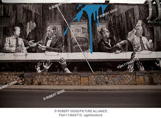 Mural ""The Supper with Greek politicians and the Acropolis"" in the center of Athens. 25.04.2019 | usage worldwide. - Athen/Greece