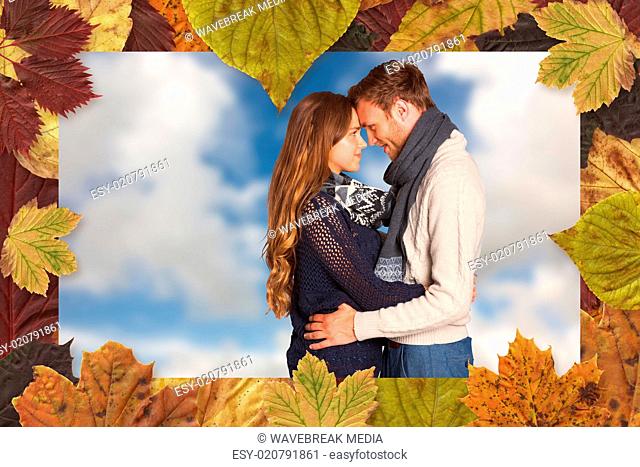 Composite image of side view of young couple embracing