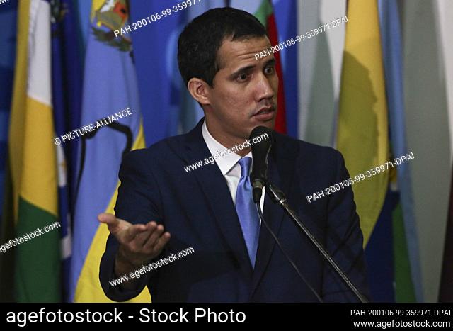 05 January 2020, Venezuela, Caracas: Juan Guaido, self-proclaimed interim president of Venezuela, speaks after his election as president of the parliament