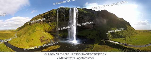 Seljalandsfoss Waterfall in the summer, panoramic view, shot using a drone, Iceland
