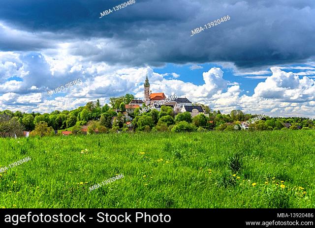 Germany, Bavaria, Upper Bavaria, Fünfseenland, Andechs, spring landscape with Andechs Monastery