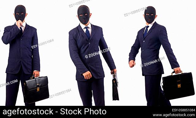 Man with mask and briefcase isolated on white