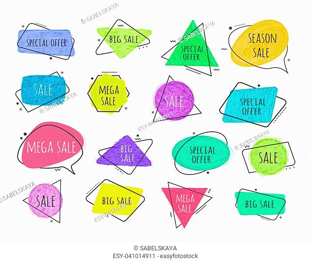 Vector grunge doodle circle, triangular, rectangle shape colored frames badge set dirty dry brush, pencil strokes abstract background sale promotion advertising...