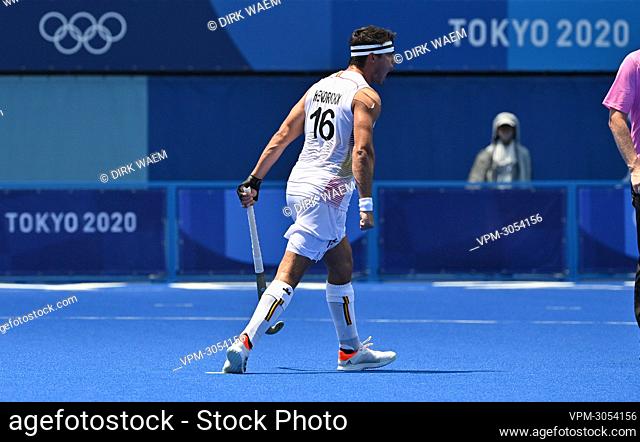 Belgium's Alexander Hendrickx celebrates after scoring during a semi-final hockey match between Belgium's Red Lions and India