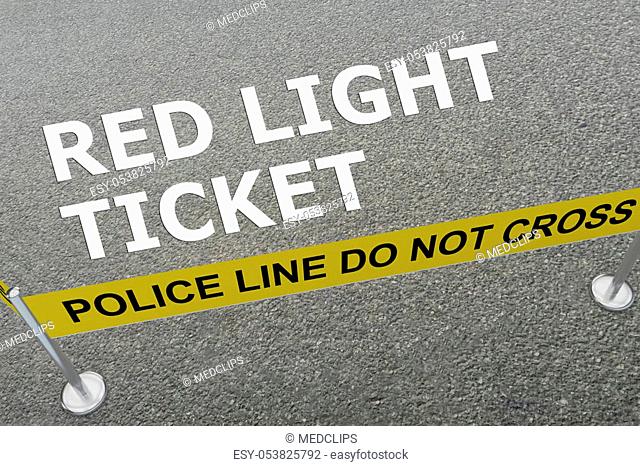 3D illustration of 'RED LIGHT TICKET' title on the ground in a police arena