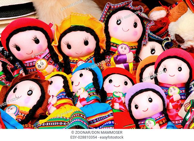 Display of traditional dolls at the market in Lima, Peru