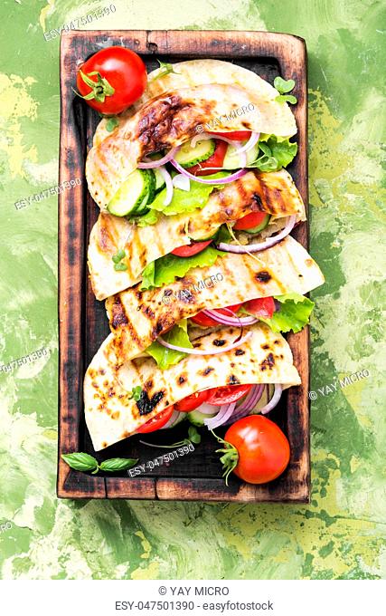 Vegetarian Pita Sandwich with fresh vegetables.Dietary food. Vegan
