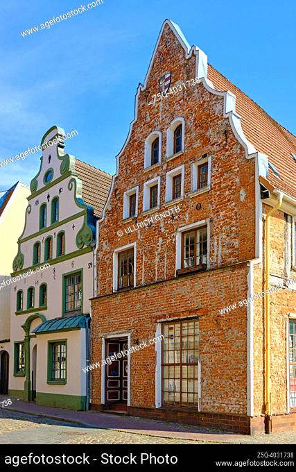 Historic 17th century Baroque gabled houses opposite the Brauhaus am Lohberg at the Old Harbour in the Old Town of the Hanseatic Town of Wismar