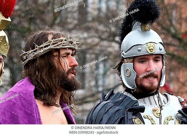 The members of Wintershall Estate re-enact the Passion of Jesus Christ in Trafalgar Square to mark Good Friday. The performance depicts the last hours in the...