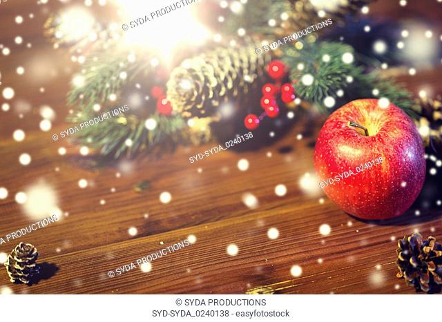 close up of apple with fir decoration on wood