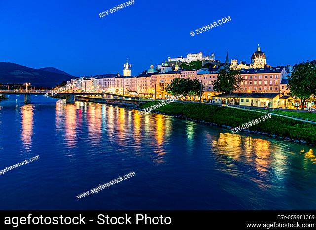 Historic centre of the city of Salzburg, a World Heritage Site viewed from the other side of the Salzach river