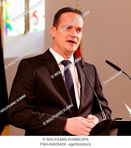 The Prime Minister of the government of the German-speaking Community in Belgium, Oliver Paasch, delicers a speech during the visit of German President Joachim...