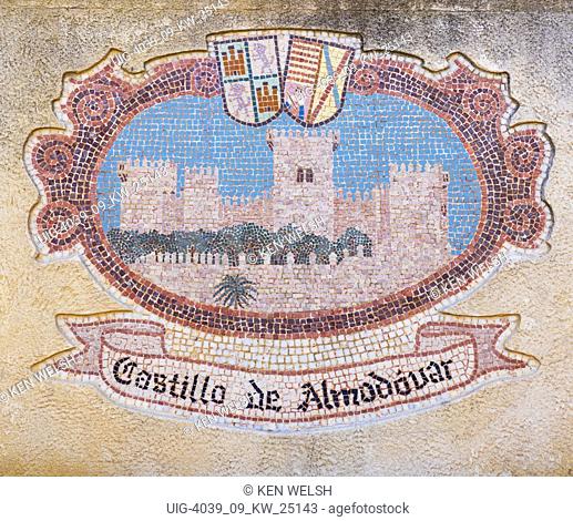 Almodovar del Rio, Cordoba Province, Spain. Almodovar castle. Mosaic showing the castle. Founded as a Roman fort it developed into its present form during the...