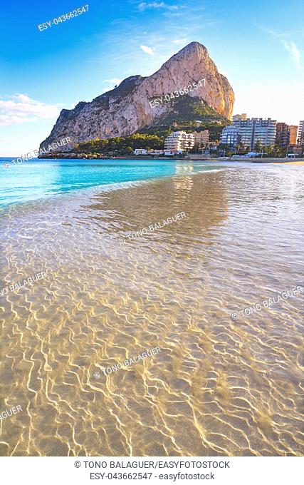 Playa de Fossa beach in Calpe and Ifach penon rock of Alicante in Spain