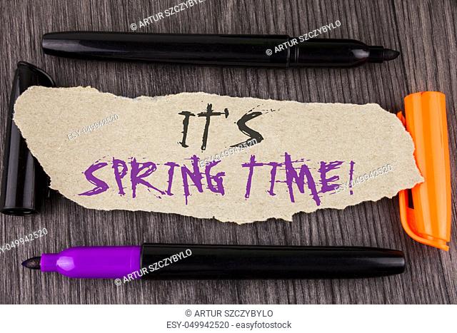Text sign showing It is Spring Time Motivational Call. Conceptual photo Month with great weather Sunny Flowers written Tear Cardboard Paper the wooden...