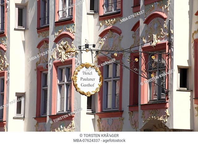 Sign Inn hotel Paulaner at Marienplatz, Wasserburg am Inn, Bavaria, Germany, Europe