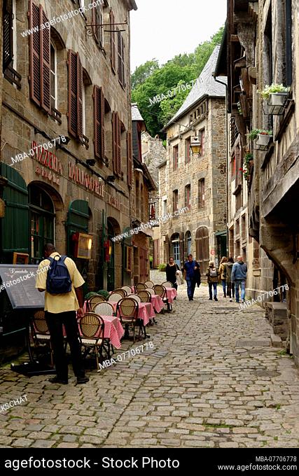Old town Street Rue du Jerzual with half-timbered houses in Dinan, Departement Cotes d'Armor, Brittany, France