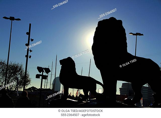 Lions, monument to Columbus, detail. Maremagnum area, Barcelona, Catalonia, Spain