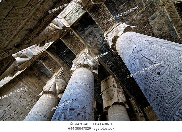 Dendera Egypt, temple dedicated to the goddess Hathor. View of the hypostyle hall before cleaning