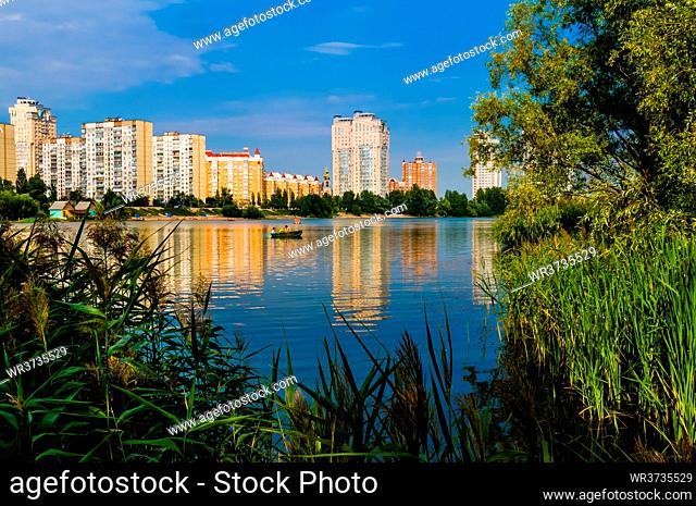 Modern buildings around the Verbne lake in the obolon district of Kiev, Ukraine