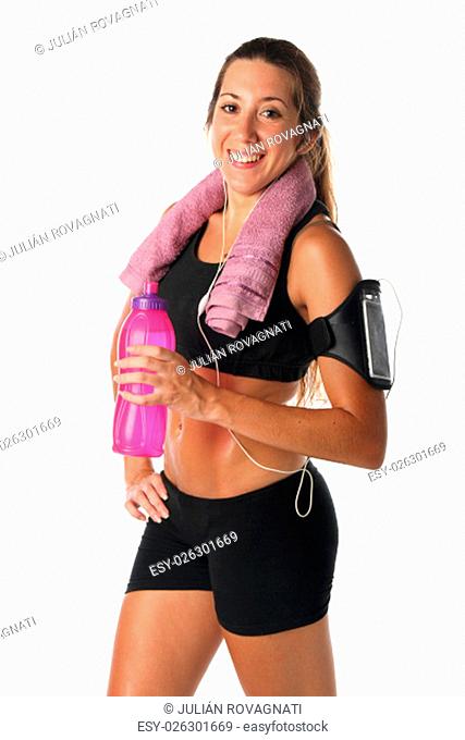 Healthy lifestyle. Fitness woman drinking water isolated