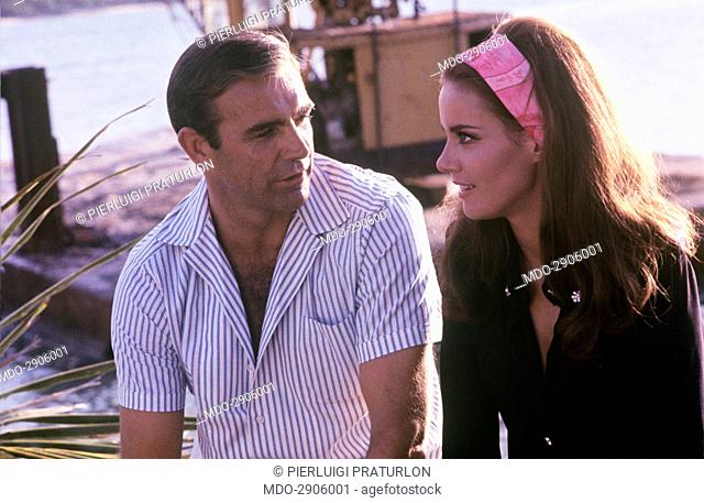 Scottish actor Sean Connery and French actress Claudine Auger (Claudine Oger) speaking in the film Thunderball. 1965