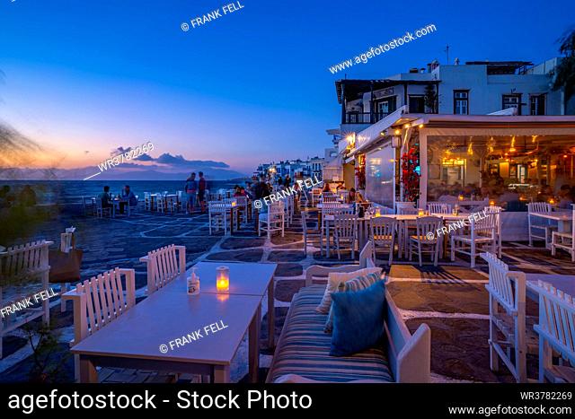 View of restaurants at Little Venice in Mykonos Town at night, Mykonos, Cyclades Islands, Greek Islands, Aegean Sea, Greece, Europe