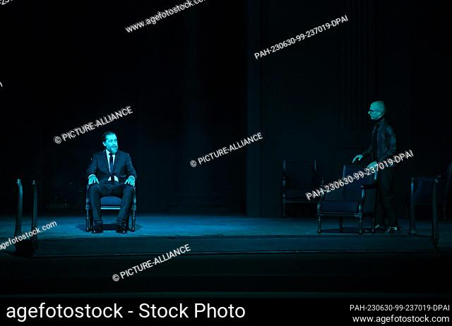 PRODUCTION - 29 June 2023, Bavaria, Oberammergau: Actors Andreas Richter as Julius Caesar (l) and Martin Schuster as Brutus are on stage during the photo...