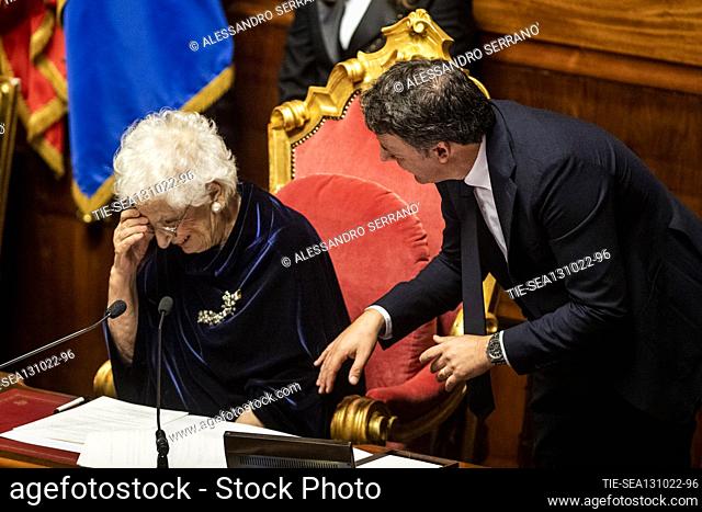 Matteo Renzi, Liliana Segre during for the Italian Parliament inaugural session at Senate of the Republic on October 13, 2022 in Rome, Italy