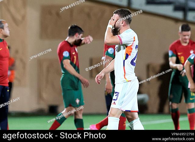 Belgium's Nicolas Raskin looks dejected after the third game of the group stage (group A) between Portugal and Belgium at the UEFA Under21 European...