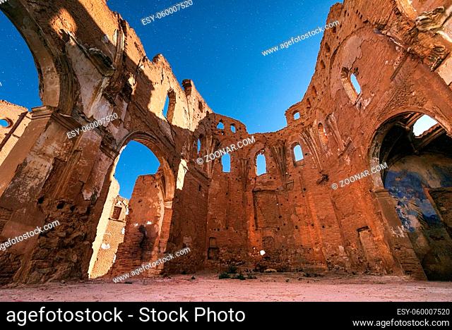 Night scene of Belchite town ruins, destroyed during the spanish civil war, Saragossa, Spain