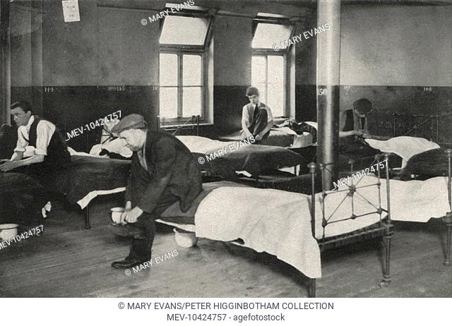 The dormitory of a common lodging house where a clean bed for the night and washing facilities could be had for (in 1930) between sixpence and a shilling