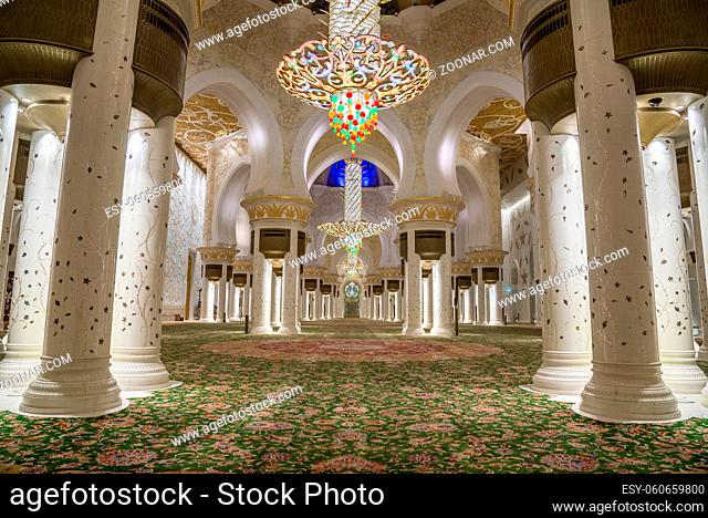 Abu Dhabi, UAE - November 18: Magnificent interior of Sheikh Zayed Grand Mosque on November 18, 2019 in Abu Dhabi. It is the largest mosque in UAE and the...