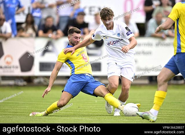Jerome Kroonen and Genk's Mika Godts fight for the ball during a friendly soccer match between Belgian Jupiler Pro League team KRC Genk and 3rd division team...