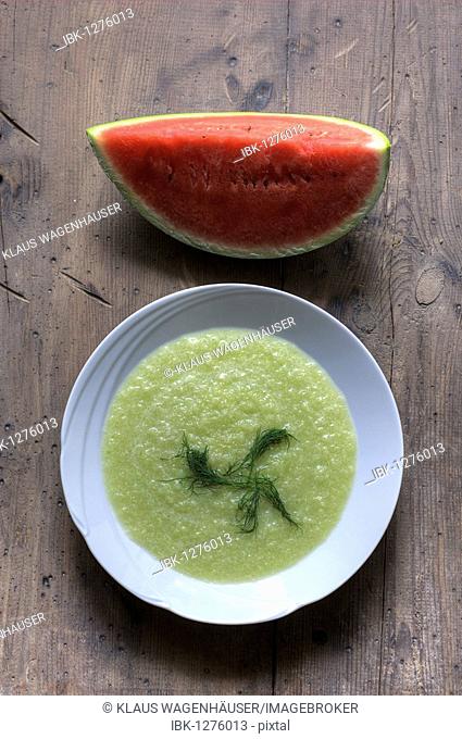Cold cucumber soup or iced cucumber soup, served with watermelon
