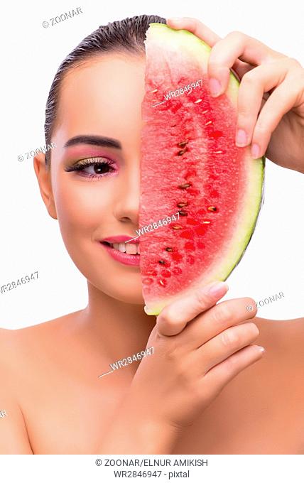 Woman with watermelon slice isolated on white