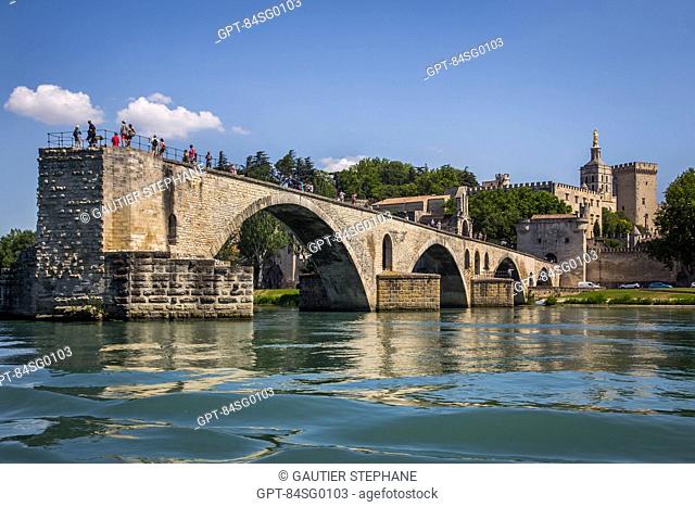 SAINT BENEZET BRIDGE, CALLED THE BRIDGE OF AVIGNON, SITUATED ON THE RHONE, THE POPES' PALACE AND THE CATHEDRAL NOTRE DAME DES DOMS, CITY OF AVIGNON