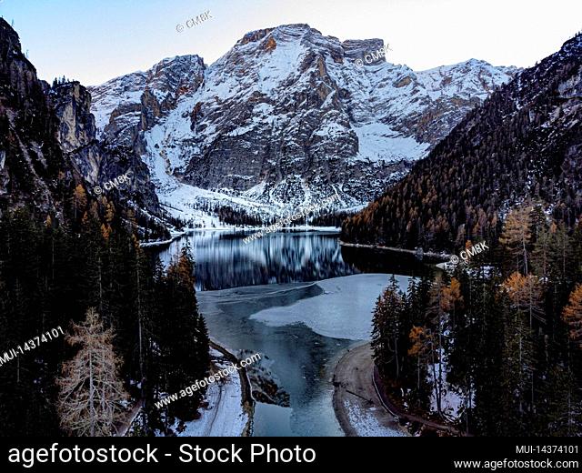 The impressive mountain world of the Dolomites in South Tyrol, Fanes-Sennes-Braies Nature Park, Braies Lake in winter, Italy, Unesco World Natural Heritage
