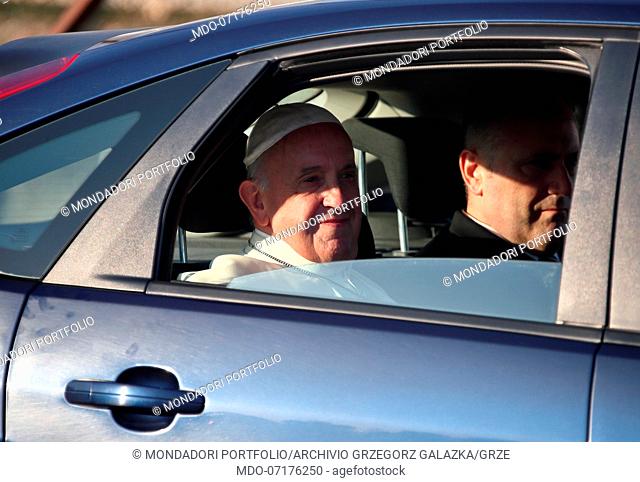 Pope Francis arrives at the Roma 6 sports ground in the Roman suburban neighborhood of Casal Bertone to celebrate the Solemnity of the Most Holy Body and Blood...