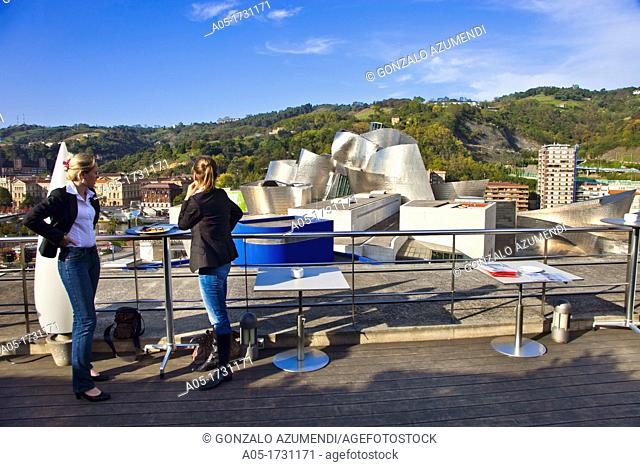 View of the Guggenheim Museum from terrace Domine Hotel, Bilbao, Bizkaia, Vizcaya, Euskadi, Pais Vasco, Basque Country  Spain