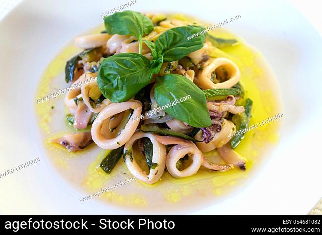 Squid and zucchini ready to eat. Squid cut into circles and cooked in a pan with courgettes, with olive oil and basil. Italian cuisine