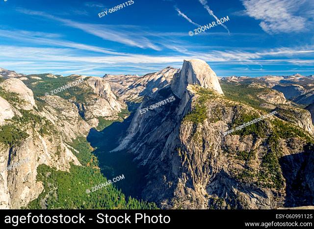 Half Dome, granite rock and mountain at the eastern end of Yosemite Valley in Yosemite National Park, California