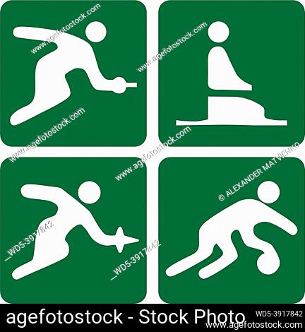 Four icons of different kinds of sports. Sports illustration of bobsled foil fencing, sword fencing and handball. Kinds of sports. Sportive icons