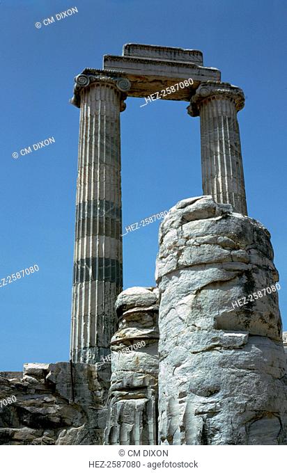 Temple of Apollo at Didyma, begun by Selecus I and continued for centuries into late Roman times. This depicts two ionic columns and part of the architrave from...