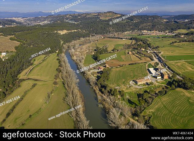 Aerial views of the Cardener river at the confluence with the Llobregat river (Barcelona province, Catalonia, Spain)