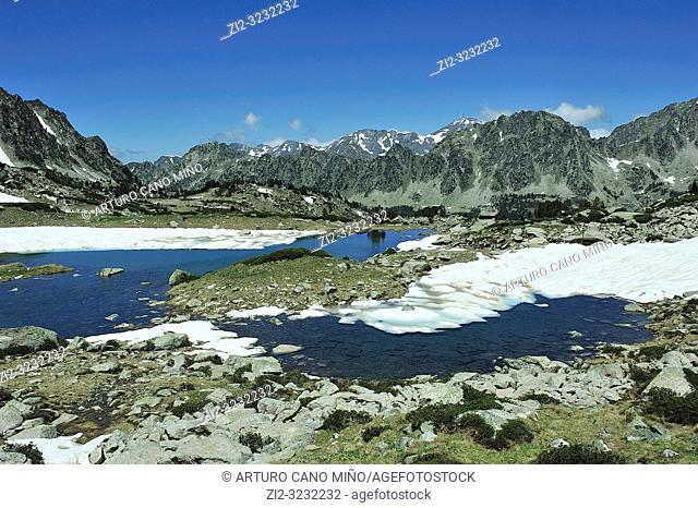 The two lakes of Madamete on the Pyrenees mountains. Luz-Saint Sauveur city, Hautes-Pyrénées department, Occitanie region, France