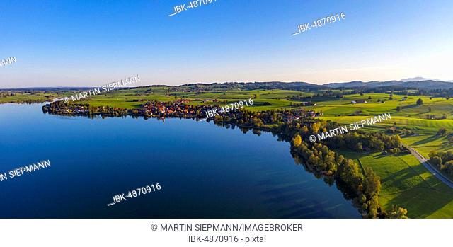 Lake Riegsee, Village Riegsee, near Murnau, The Blue Land, drone shot, Upper Bavaria, Bavaria, Germany